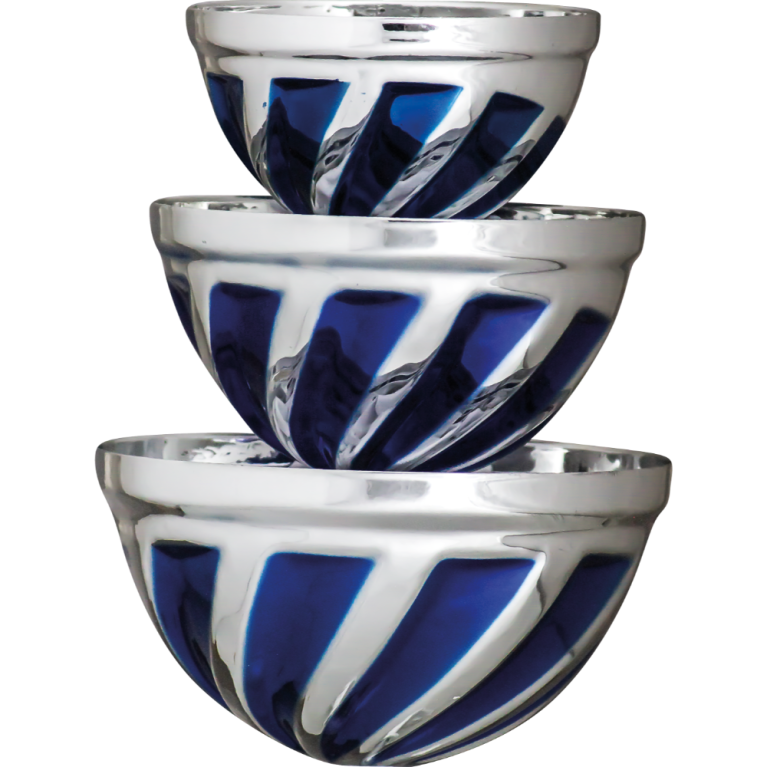 Bright Silver with Blue Trim Metal 1/2 Bowl 3 sizes