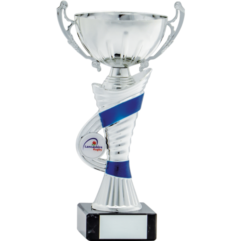 All Activity with Bright Silver Cup and Stem with Blue Trim Marble Base in 6 sizes