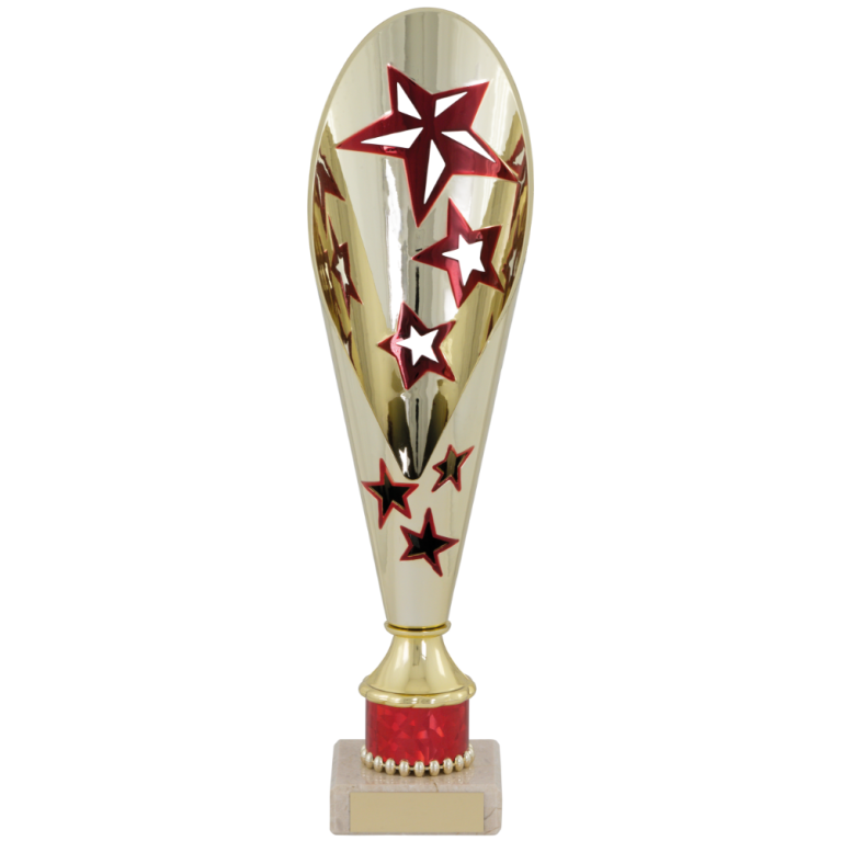 All Activity in Bright Gold with Laser Cut Top and Red Trim on Marble Base in 4 sizes