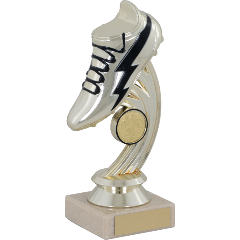 Football Boot on Marble in Bright Gold with Black Trim in 4 sizes