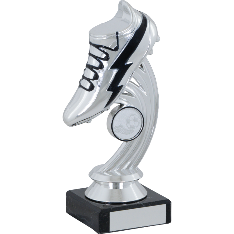 Football Boot on Marble in Bright Silver with Black Trim in 4 sizes