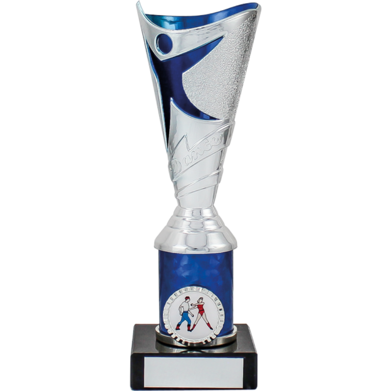 Abstract Dance Award with Bright Silver Top with Blue Trim and Column on Marble Base in 8 sizes