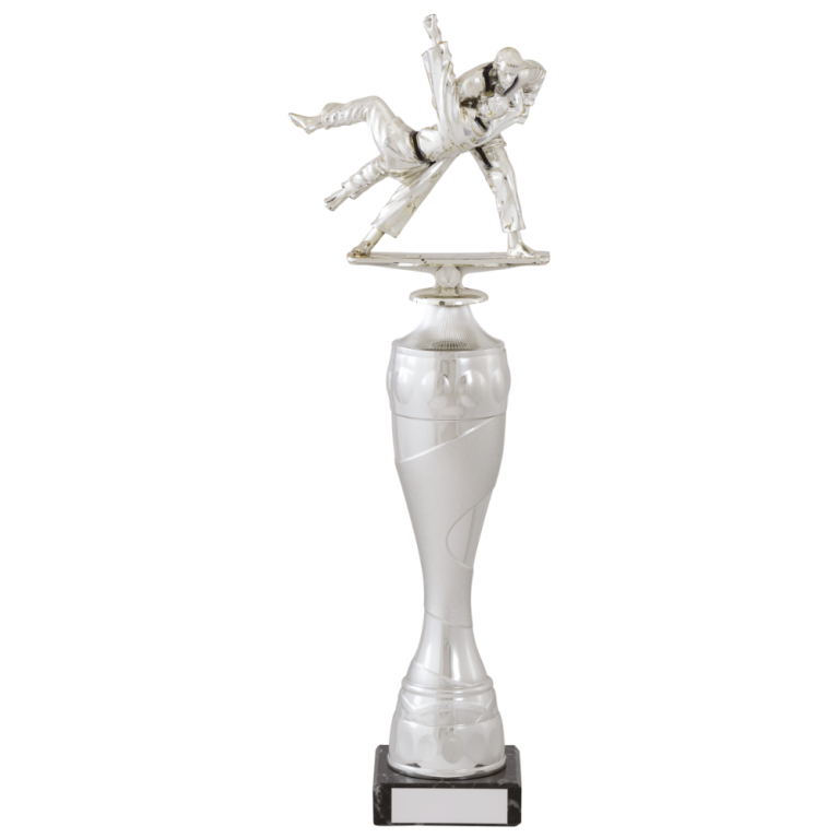 Bright Silver Martial Arts Figure on Stem and Marble Base 5 sizes