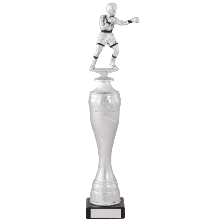 Bright Silver Boxing Figure on Stem and Marble Base 4 sizes