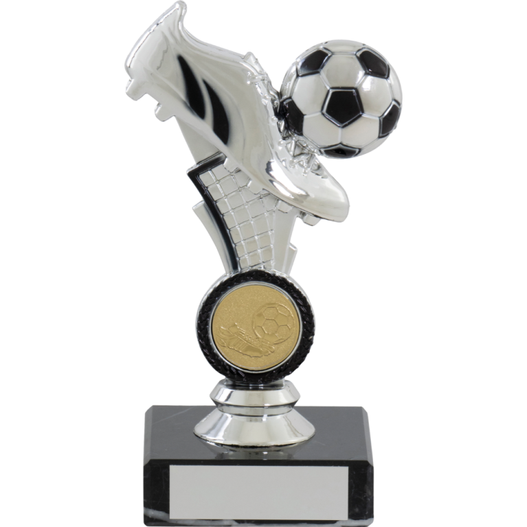 Bright Silver Football Boot and ball on stem with Marble Base for 1" centre 3 sizes