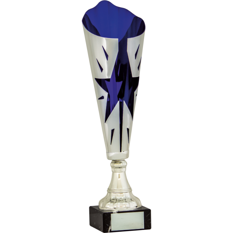 All Activity with Bright Silver and Blue Cut Out Cone Bowl with Stem Marble Base in 5 sizes