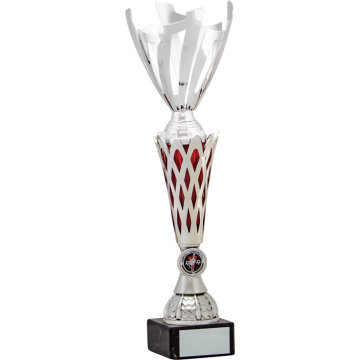 All Activity with Bright Silver 3/4 Bowl with Lattice Stem with red Trim on Marble Base in 6 sizes