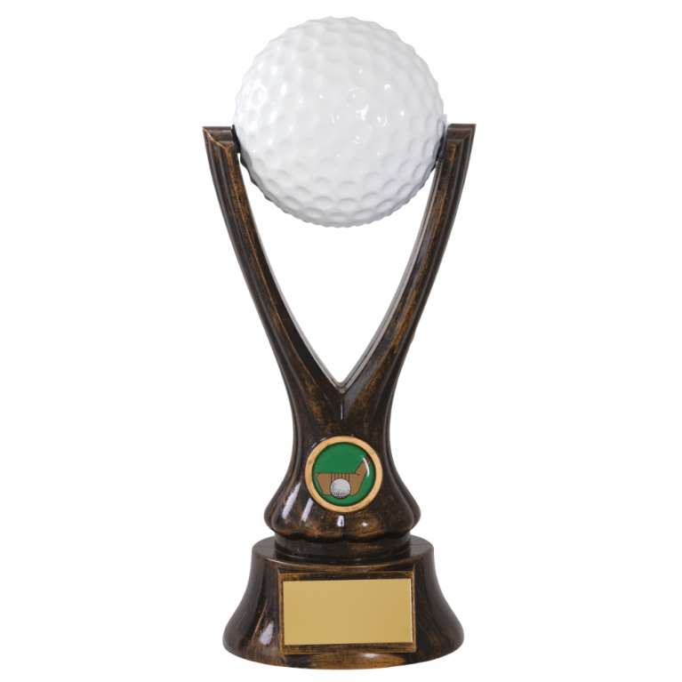 Golf Ball Award in Antique Gold with Ball on Stand