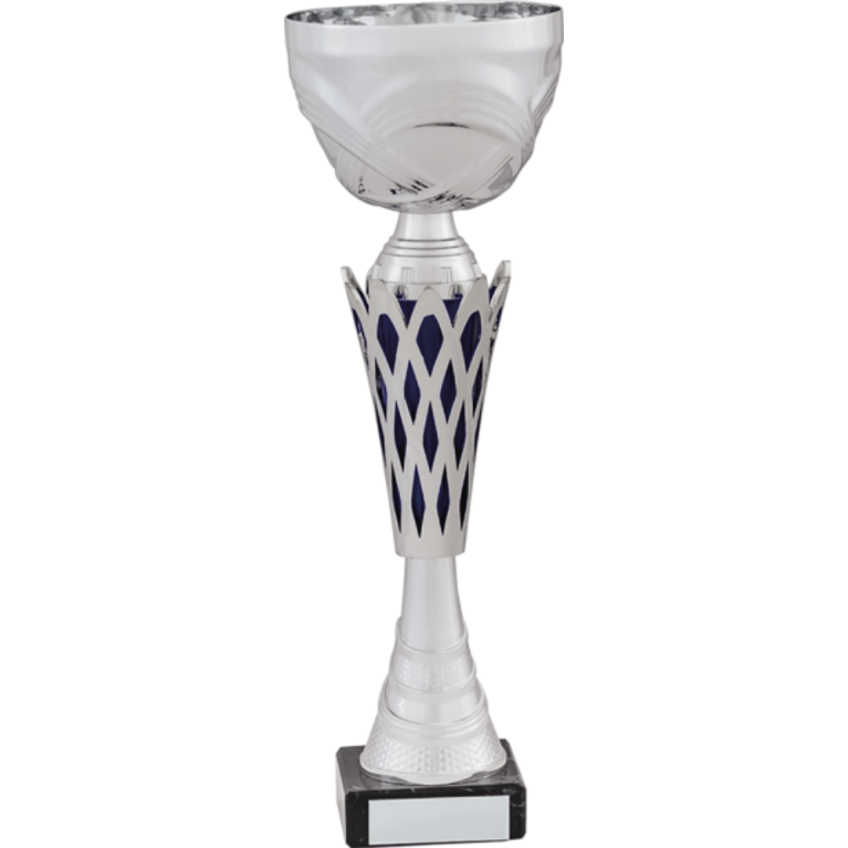 All Activity with Bright Silver 3/4 Bowl with Lattice Stem with Blue Trim on Marble Base in 7 sizes