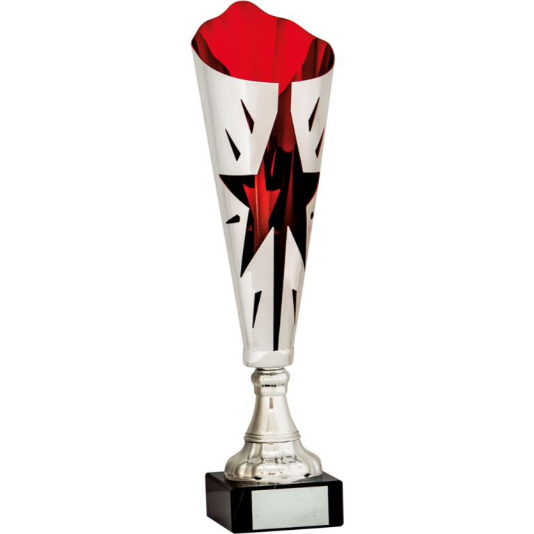 All Activity with Bright Silver and Red Cut Out Cone Bowl with Stem Marble Base in 5 sizes