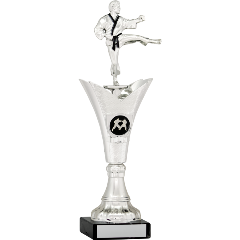 Bright Silver Martial Arts Figure on Stem and Marble Base 4 sizes