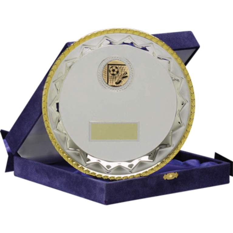 All Activity Silver Plated Metal Salver with Gold Trim in Presentation Box 1" Centre 2 sizes