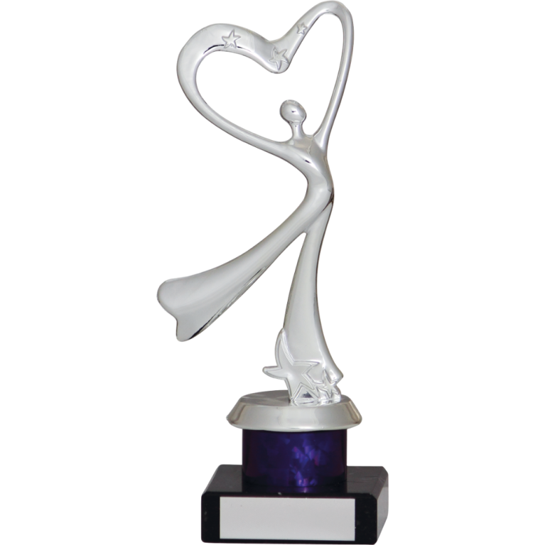 Abstract Dance Award with Bright Silver Top with Blue Trim and Column on Marble Base in 4 sizes